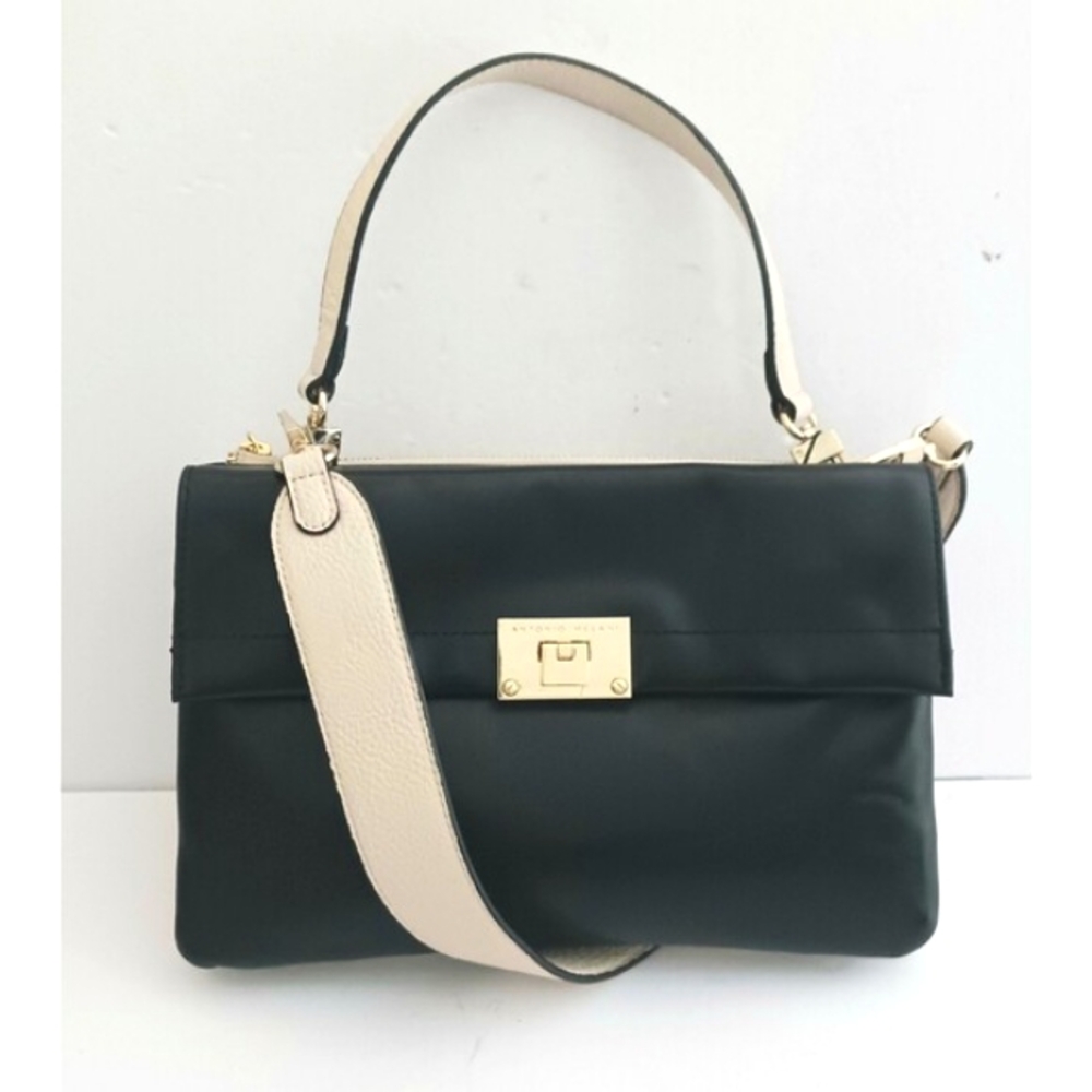 NWT Antonio Melani Ivory/Blk Top Handle Bag Wide Crossbody Strap Gold Flip Lock